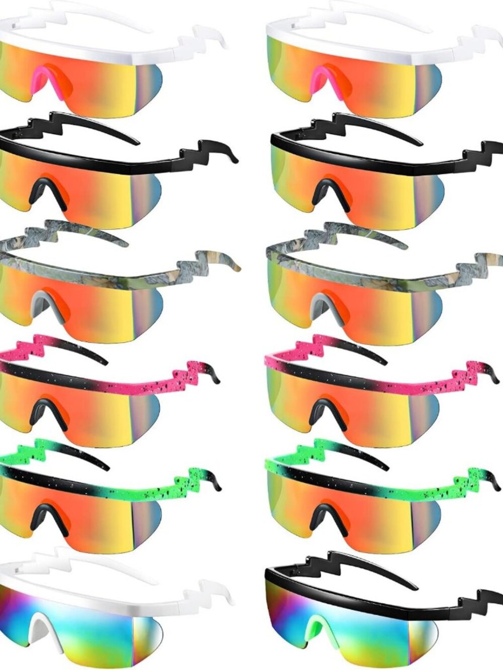 12 Pairs Retro Rave Sunglasses for Men & Women - Neon Rainbow Semi-Rimless
